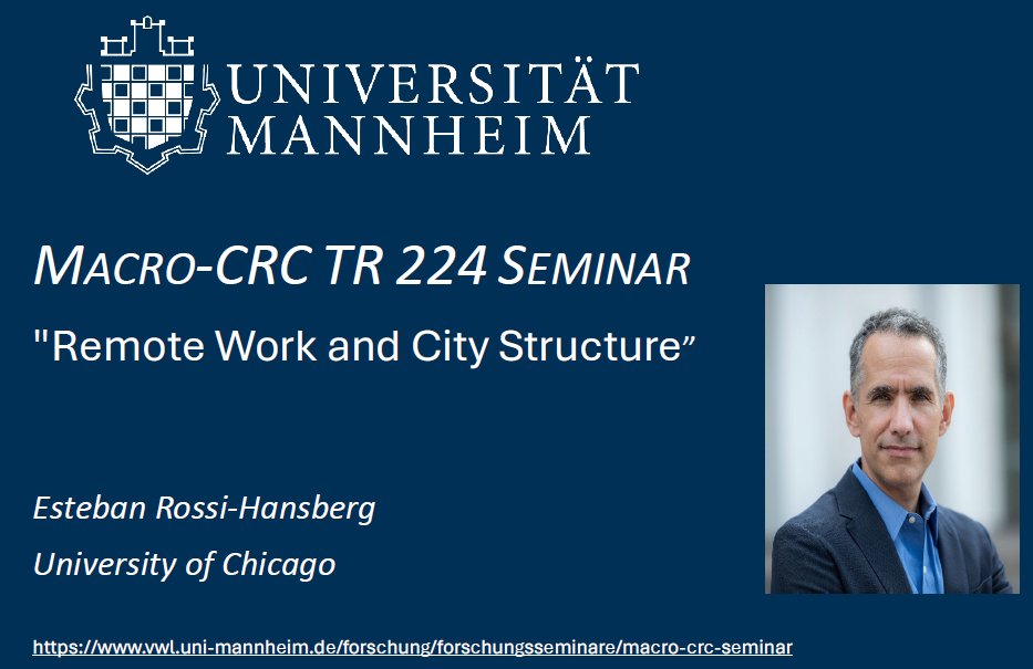 We are very happy to welcome this week @HansbergRossi to our Macro - @EPoS224 Seminar at @EconUniMannheim Esteban is going to present his work 'Remote Work and City Structure' More about our seminar series at vwl.uni-mannheim.de/forschung/fors… @klaus_adam @TertiltMichele @tom_krebs_