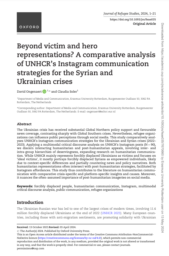 📢 Very happy to share that the article by Claudia Soler and myself on UNHCR’s (@Refugees) Instagram communication strategies for the Ukrainian and Syrian crises has been published #openaccess in the @JRefugeeStudies! 😊 academic.oup.com/jrs/advance-ar… 1/