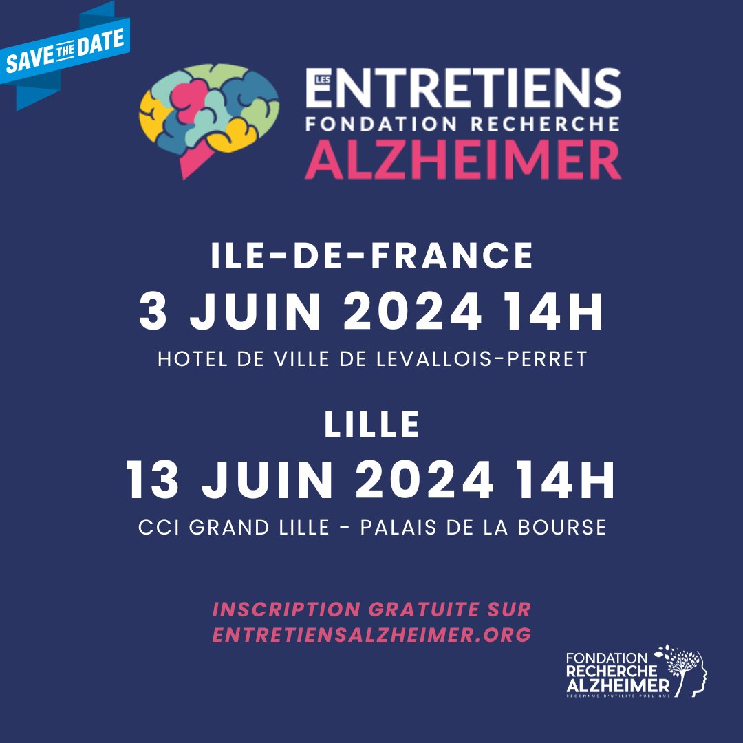 C'est reparti pour les Entretiens Alzheimer de notre partenaire <a href="/Alzh_Fondation/">Fondation Recherche Alzheimer</a>. Prochains rdv (gratuit) :
📌03/06 à Levallois-Perret
📌13/06 à Lille
Thèmes abordés en 2024 : les avancées de la recherche, le diagnostic précoce et le burn-out des aidants
➕ entretiensalzheimer.org