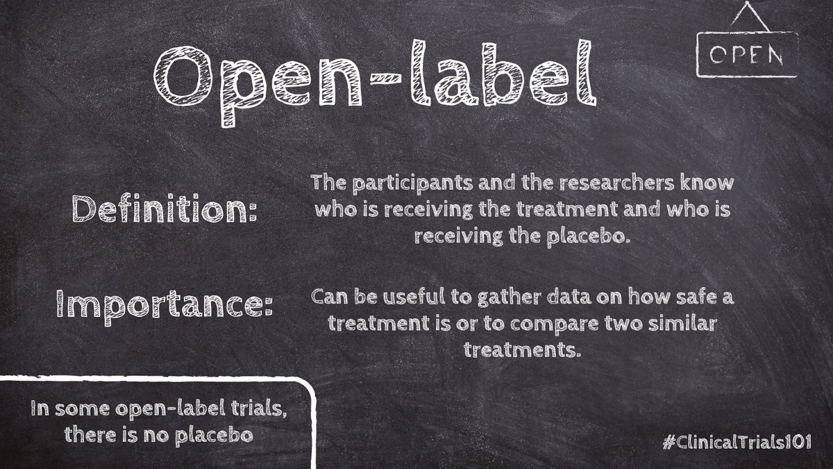 In some #clinicaltrials both the participants and researchers know who is receiving the treatment and placebo.

This is an open-label trial.

These trials can help gather safety data, but any potential benefits need to be confirmed in a blinded trial.

#ClinicalTrials101