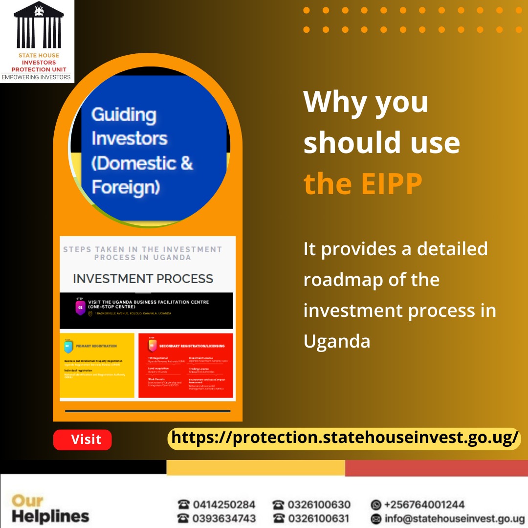 Dear investors, don't suffer looking for links to different government agencies.The Electronic Investors Protection Portal avails you with a detailed roadmap of the investment processes in Uganda and and also has links to authentic government sources. #EmpoweringInvestors