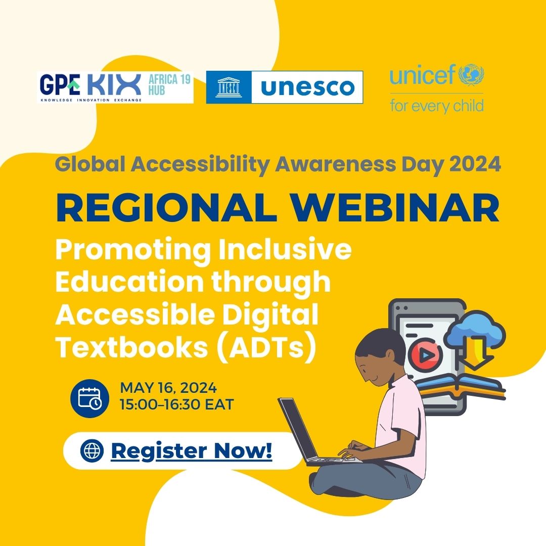 Join us virtually on May 16, 2024, 15:00–16:30 EAT for a deep dive into Accessible Digital Textbooks (ADTs)! Discover how #AI is revolutionizing learning for kids with disabilities. Save your spot now👇 unesco-org.zoom.us/webinar/regist…