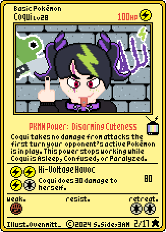 Been playing a lot of the old Game Boy Pokemon TCG game on the Switch and got the itch to make Coqui her very own card, in the style of the old-school cards

#coquinuts