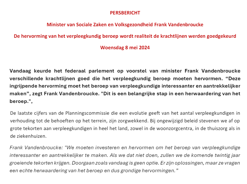 De hervorming van het verpleegkundig beroep wordt realiteit. De krachtlijnen werden goedgekeurd.

👁️‍ Lees het persbericht van het kabinet!

drive.google.com/file/d/1nQbxcj…