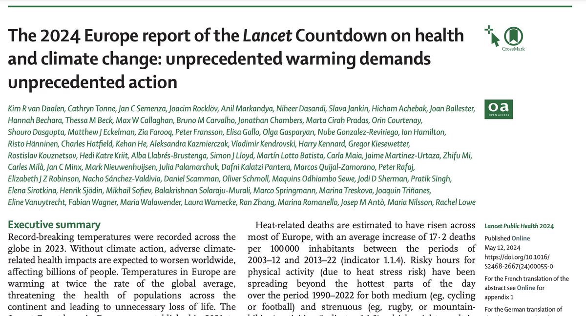 ⚡ PUBLISHED TODAY: The 2024 Europe Report of the Lancet Countdown finds: 🌡️ Heat related deaths rising, disproportionately affecting women 🦟 Climatic suitability for infectious diseases increasing 🏭 Inadequate action to meet carbon neutrality targets thelancet.com/journals/lanpu…