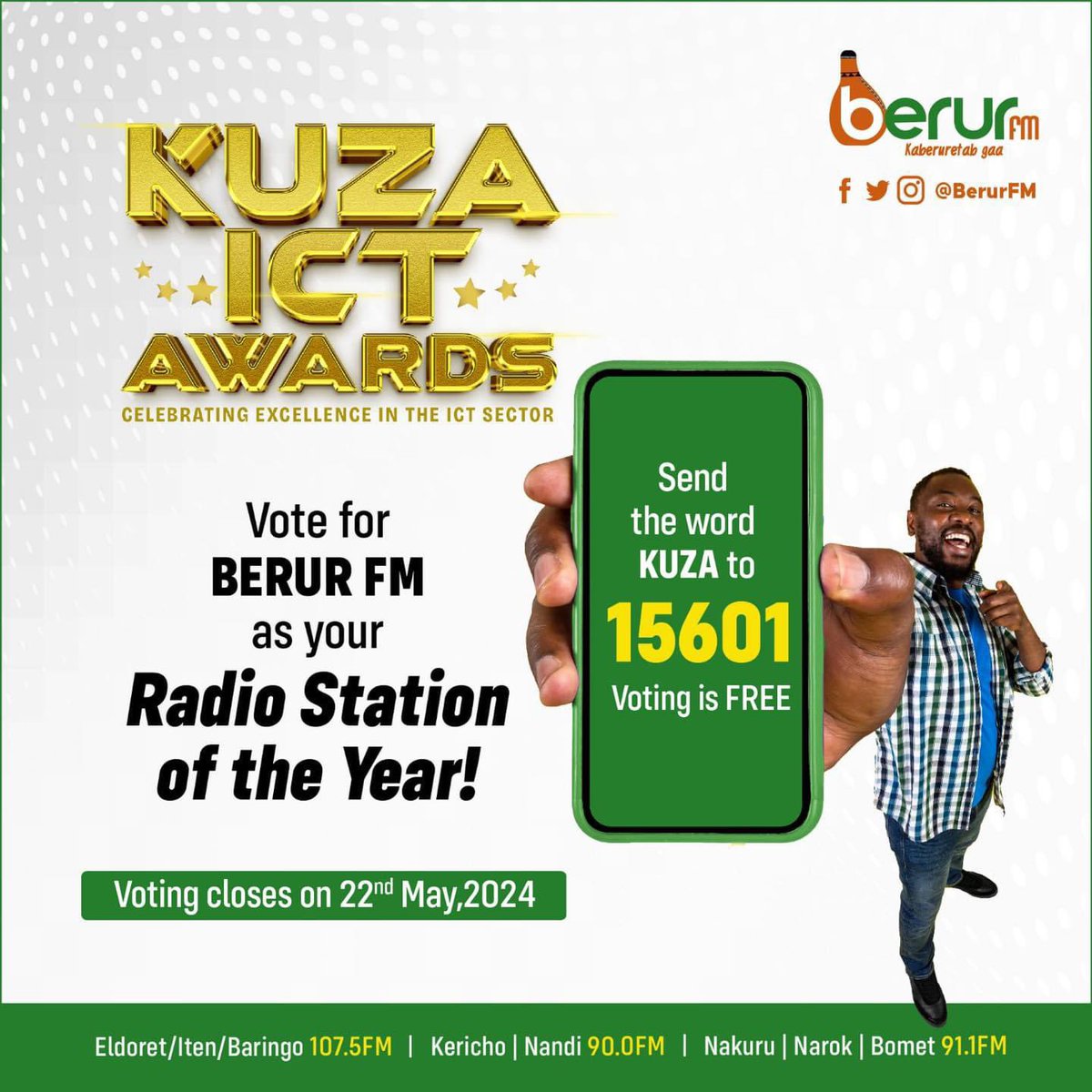 Berur FM is in the spotlight with a nomination for the prestigious KUZA ICT Awards! 🏅 Your vote is our key to becoming Radio Station of the Year! Don't miss your chance to support us! Text 'KUZA' to 15601 or click kuzaawards.co.ke. #KuzaICTAwards