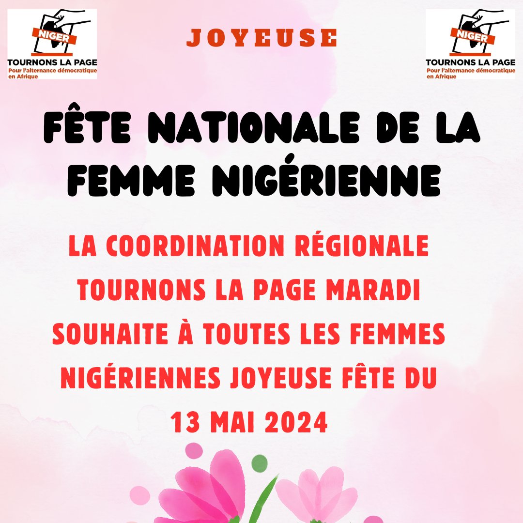 🎇🎂Joyeuse fête nationale de la femme nigérienne.
En cette journée de fête du 13 mai 2024 pensée spéciale aux femmes victimes d'irresponsabilité de certains hommes.
Ensemble pour la promotion et la protection des 👰 droits humains et  l'autonomisation de la femme.