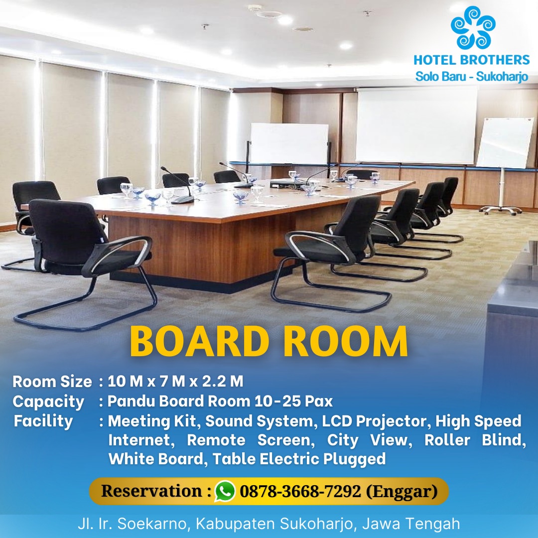 Pandu Board Room
Hotel Brothers SoloBaru

Facility: Meeting Kit|Sound System|LCD Projector|High Speed Internet|Remote Screen|City View|Roller Blind|White Board|Table Electric Plugged

More Info: 
WA 0811-2658-079

linktr.ee/Brothers.hotel
#hotelindonesianatour
#hotelindonesiagroup
