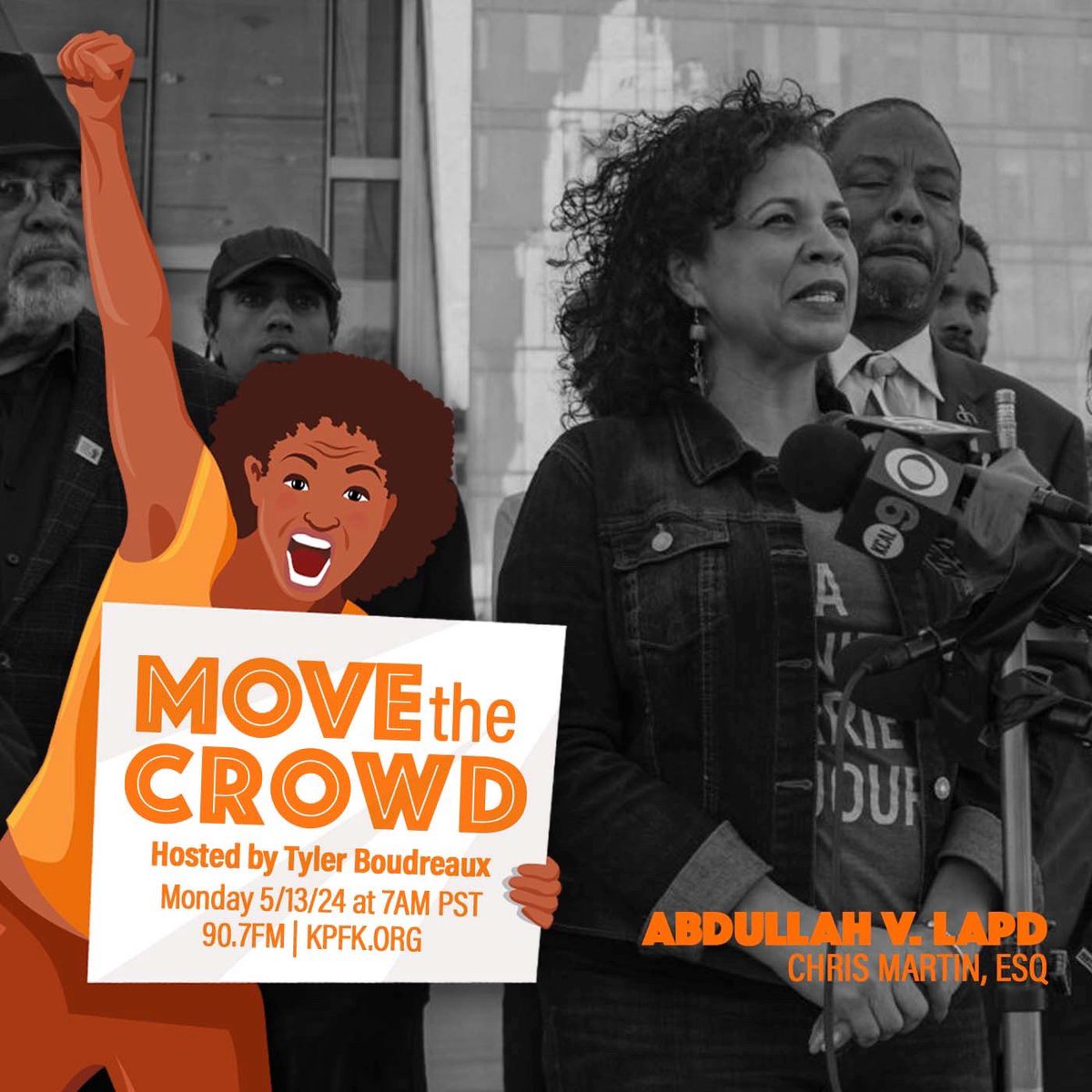 ✊🏾On this week’s #MoveTheCrowd, Tyler Boudreaux hosts a conversation with attorney Chris Martin about @docmellymel’s trial against LAPD for the 2021 swatting of her home.
📣Plus headlines + CTA with co-host Baba Akili

MONDAY 5/13/24 @ 7AM
📻90.7FM @KPFK & KPFK.org