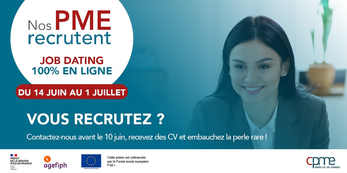 [JOB   DATING] 
 
 La CPME Paris Ile-de-France organise son #jobdating en ligne « Nos PME   recrutent » du 14 juin au 1er juillet prochain ! 🚀 
 
 ➡️ Pour participer, contactez-nous : cpmeparisiledefrance.fr/contact/
 
    #jobdating #recrutement