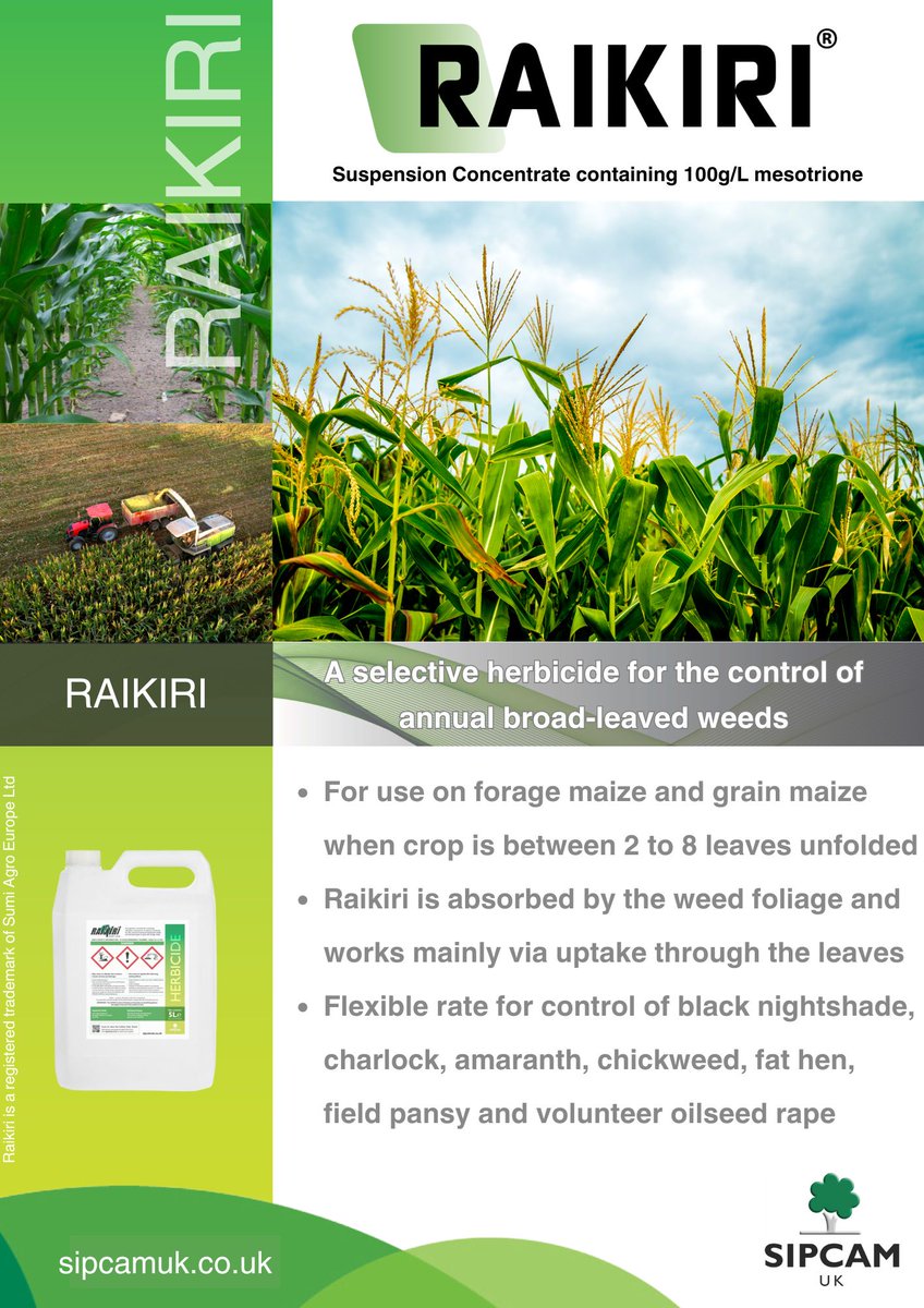 SipcamUK's tweet image. Concluding our #Maize snapshot series is Raikiri

A suspension concentrate containing 100 g/litre mesotrione, Raikiri is a selective herbicide for the control of annual broad-leaved weeds in grain and forage maize

sipcamuk.co.uk/product/raikir…

#SipcamUK #SnapshotSeries