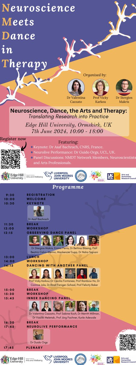 Neuroscience meets dance in therapy! An exciting event coming up on 7th June at @edgehill hosted by the Research Centre for Arts and Wellbeing and other collaborators. See poster for more information. Link to book is here! edgehill.ac.uk/event/neurosci…