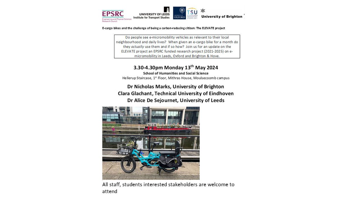 At Brighton Uni today joining my ELEVATE team environment.leeds.ac.uk/transport-soci… who are presenting ongoing analysis of our work to understand potential for where and who domestic use e-cargo bikes helps #decarbonisation & co-benefits like health @_Micromobility_ @ITSLeeds #ebike
