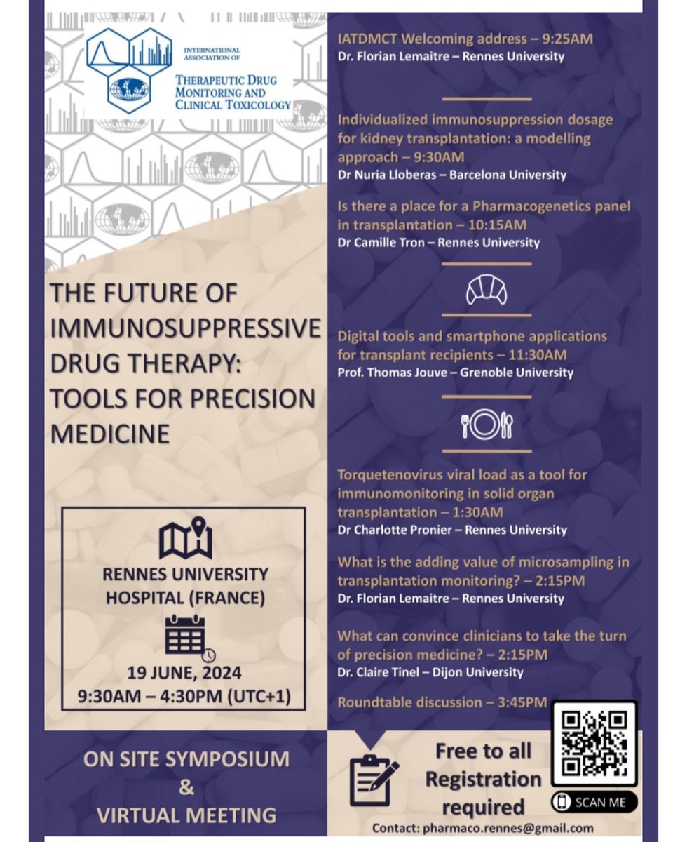 The Pharmacology Department of the Rennes University Hospital will present a symposium on behalf of the #IATDMCT Immunosuppressive Drugs Scientific Committee, on June 19 in Rennes, France.

You can register to attend in-person or online by using the QR Code below.