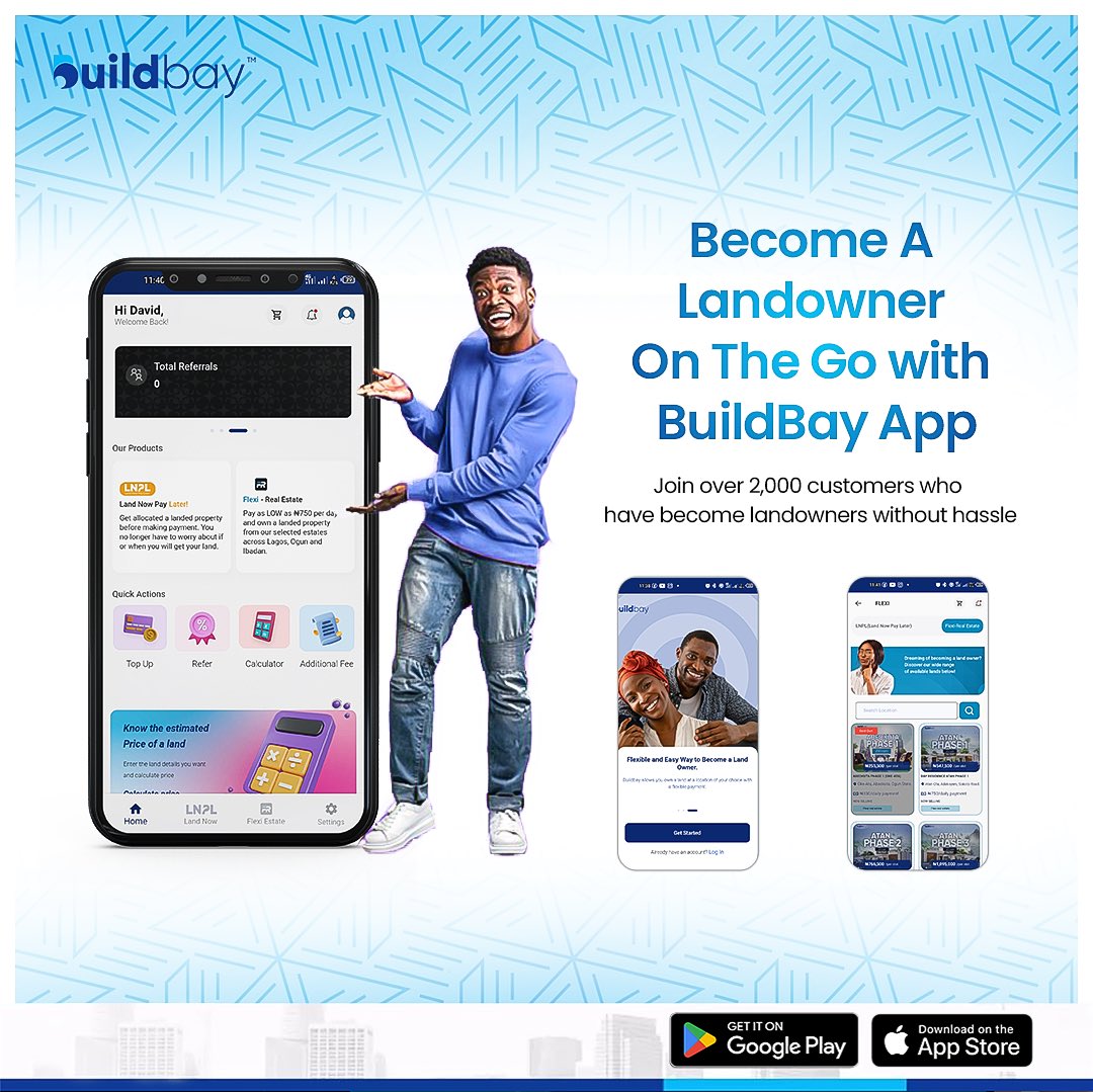 Becoming a proud landowner has been made super easy just for YOU 🤭 🤭.

All you need to do is: 

-Download the Buildbay App
-Signup with the necessary information 
-Choose your preferred location and payment plans

BOOM!!!

You have become a landowner in just minutes