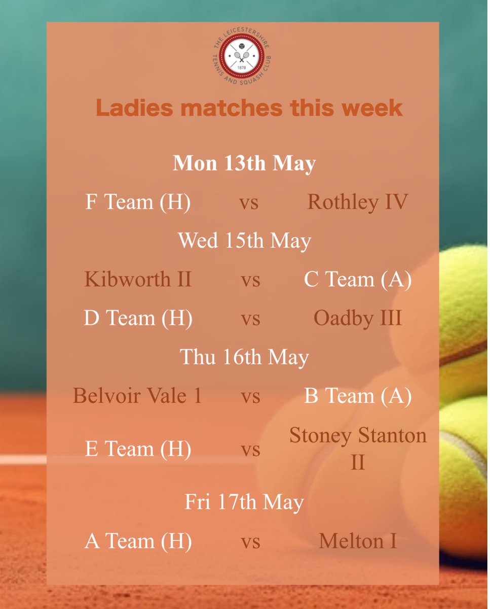 LeicesterLTC's tweet photo. A busy week ahead for the #LeicestershireTennis teams! 🎾
Tonight sees our F team hosting Rothley’s fourth. Good luck #LTSC 👊🏼 #tennisinleicester https://t.co/T0rPbR7Mzd