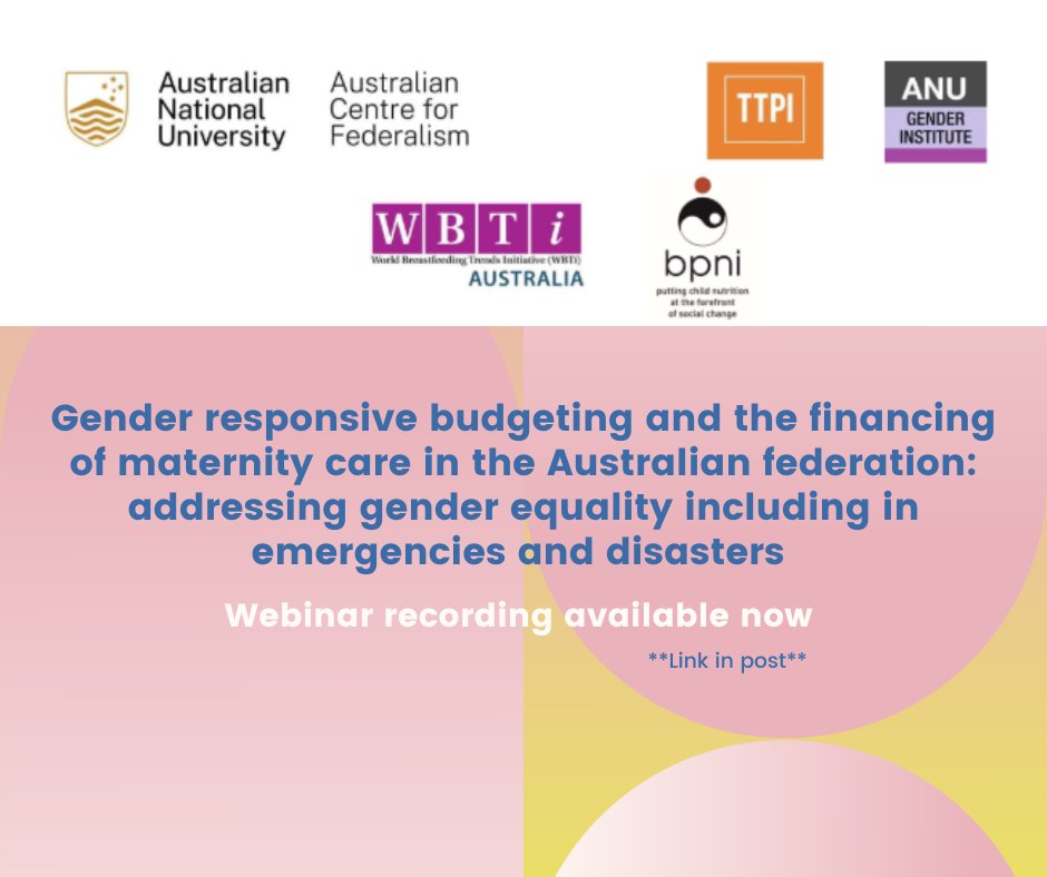 Did you miss the webinar on 'gender-responsive budgeting and maternity services in a federal system' back in April? You can catch up now on YouTube: youtu.be/Ni0A_vTXZT0?si… @ANUPopHealth @JuliePSmith1 @bpniindia