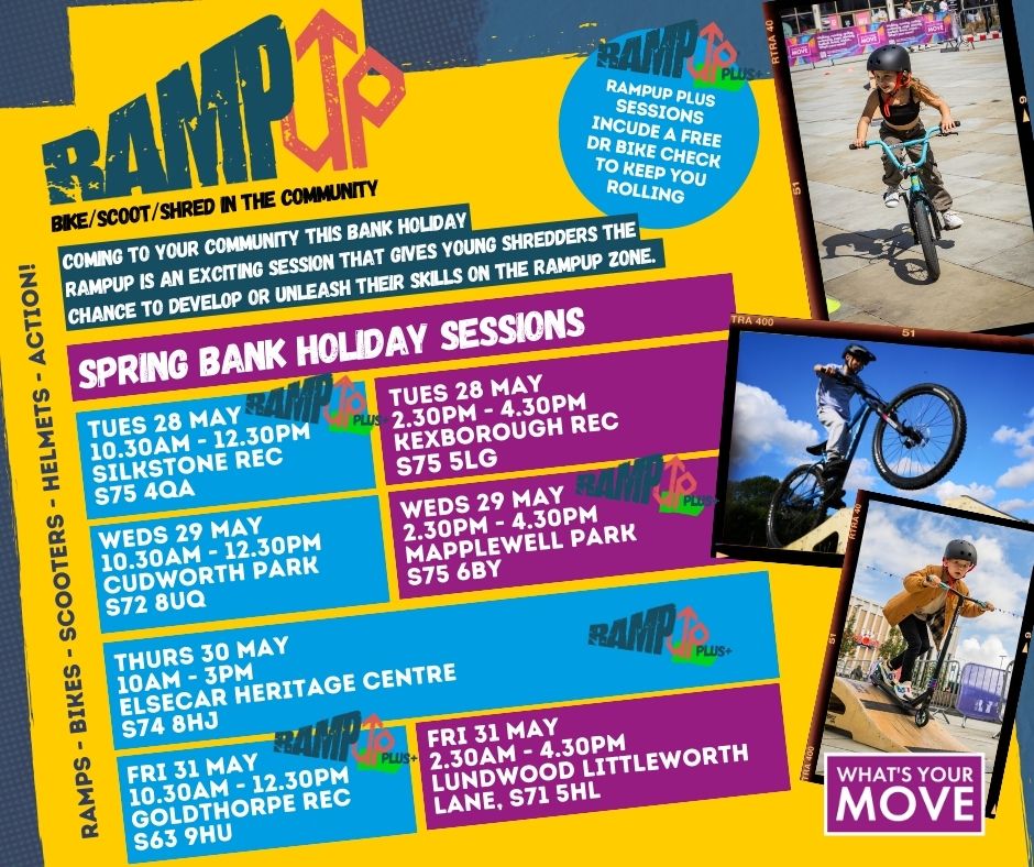 BarnsleyMoving's tweet photo. We can't wait to see you at one of our Ramp Up events in parks around Barnsley this Spring Bank Holiday Half term. Our RampUP+ event are extra special as you can bring your bike for a check over and we can make tweaks where needed. @BarnsleyCouncil @SouthYorksMCA @YourSchoolGames https://t.co/2KKmIaJt8P