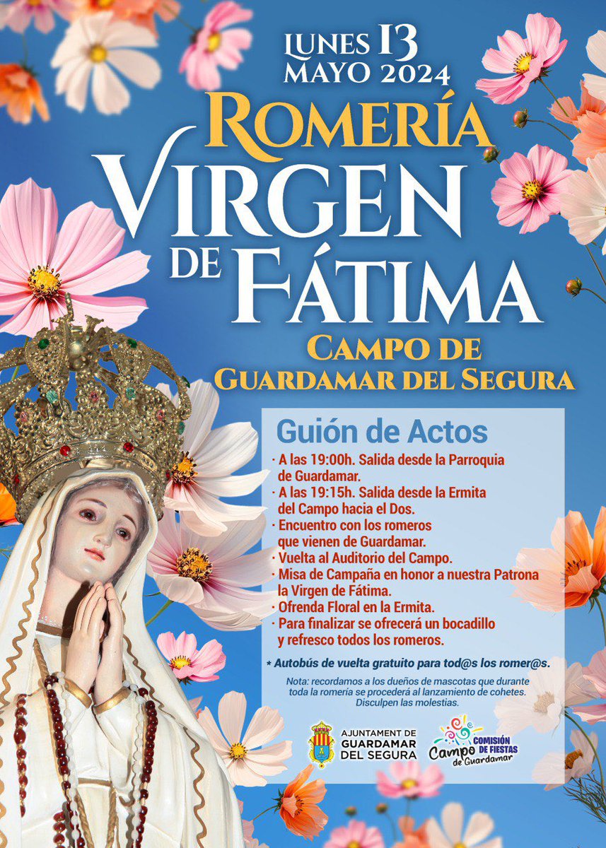 Esta tarde desde las 19:00 h., romería #VirgenFátima #CampoGuardamar con salidas simultáneas desde la #Parroquia #ErmitaCampo con misa de campaña y ofrenda floral. Os esperamos #Comisión #Fiestas @Guardamar_Ayto