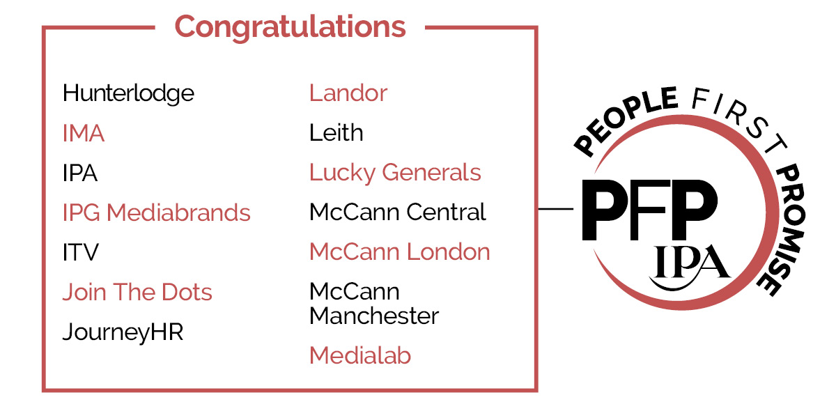 The_IPA's tweet image. Congratulations to @hunterlodge; @_imaglobal; IPA; @IPG_Mediabrands; @ITV; @join_creatives; @JourneyHR_; @LandorGlobal; @TheLeith; @LuckyGenerals; @McCann_UK Central, London &amp;amp;  Manchester; and @MedialabGroup. #PeopleFirstIPA