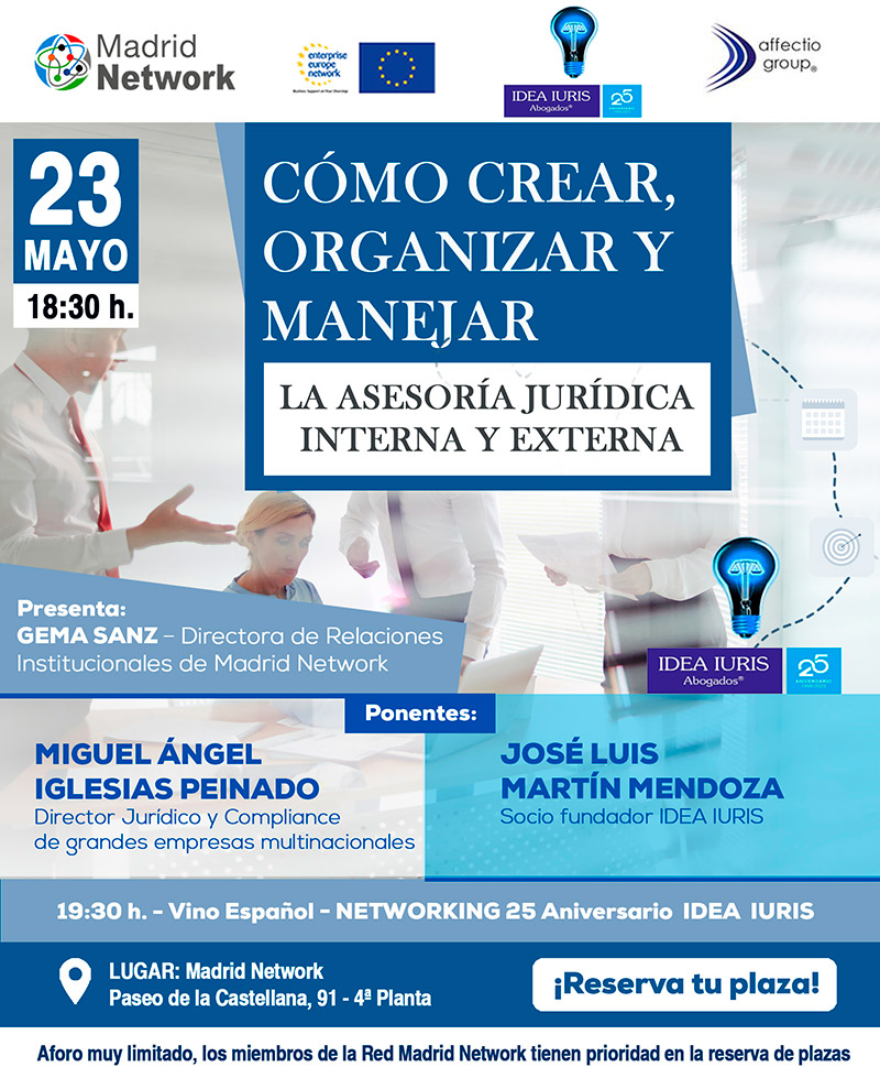 Por el 25 aniversario de #ideaiuris. El 23 de mayo, tendremos la charla: Cómo crear, organizar y manejar la asesoría jurídica interna y externa. Conoceras tips y consejos para la creación de una asesoría jurídica, para concluir con vino español @gemasanzs madridnetwork.madrid/evento/como-cr…