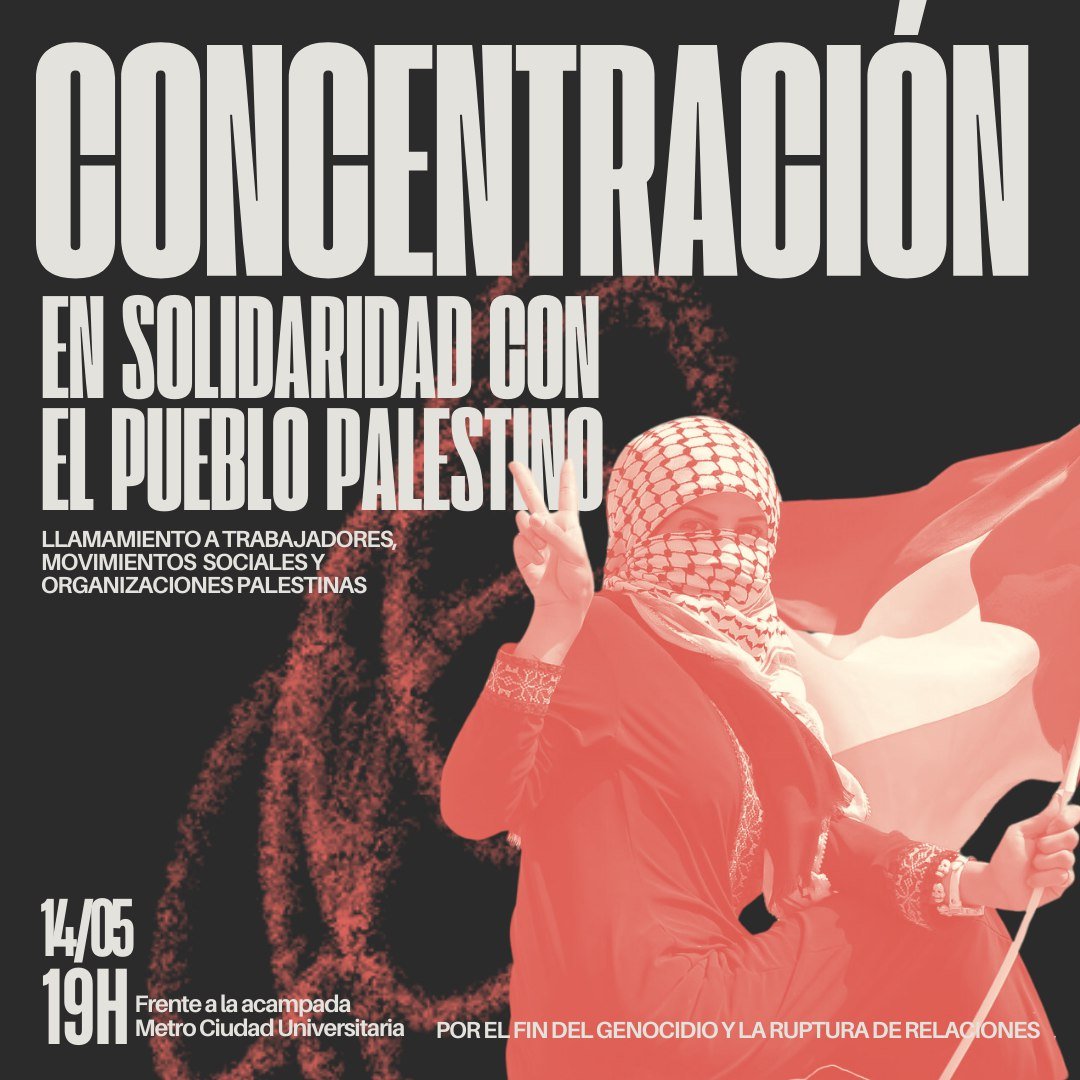 Desde la acampada por palestina convocamos a todo el mundo; trabajadores, movimientos sociales, organizaciones palestinas a una concentración frente a la acampada 🔥 📍Mañana, martes 14 de mayo 19h Os animamos a todas a venir. Queremos que se cumplan ya nuestras demandas ✊🏽