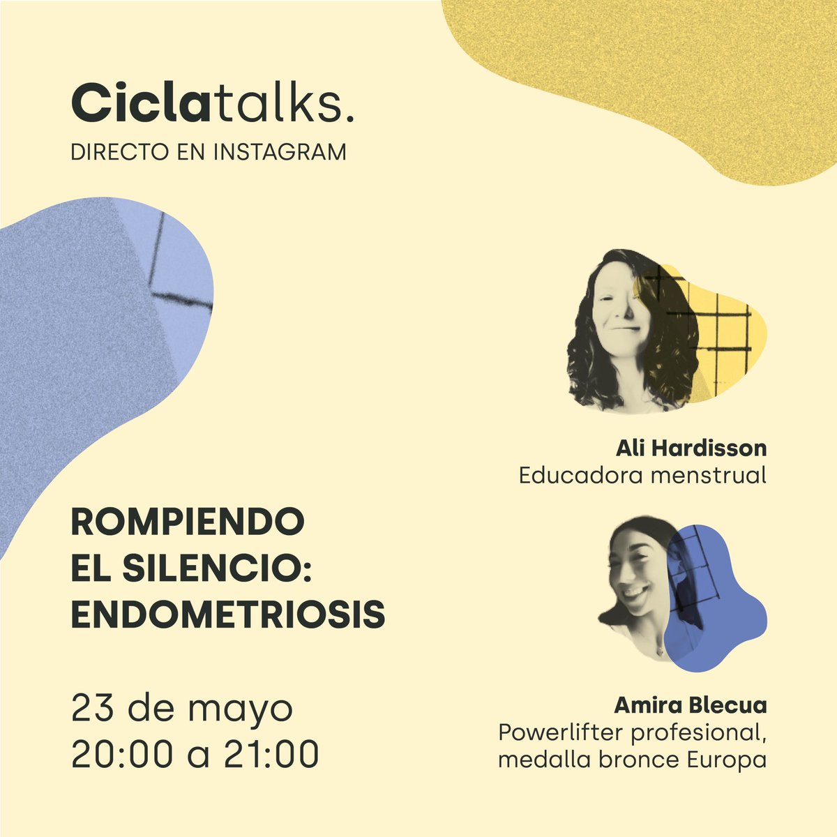 ✨ Inauguramos CiclaTalks ✨

Un espacio único para hablar de nuestros ciclos menstruales y nuestros cuerpos. Un lugar pensado para crear entre todas una comunidad segura y honesta 💜

¡Save the date!
