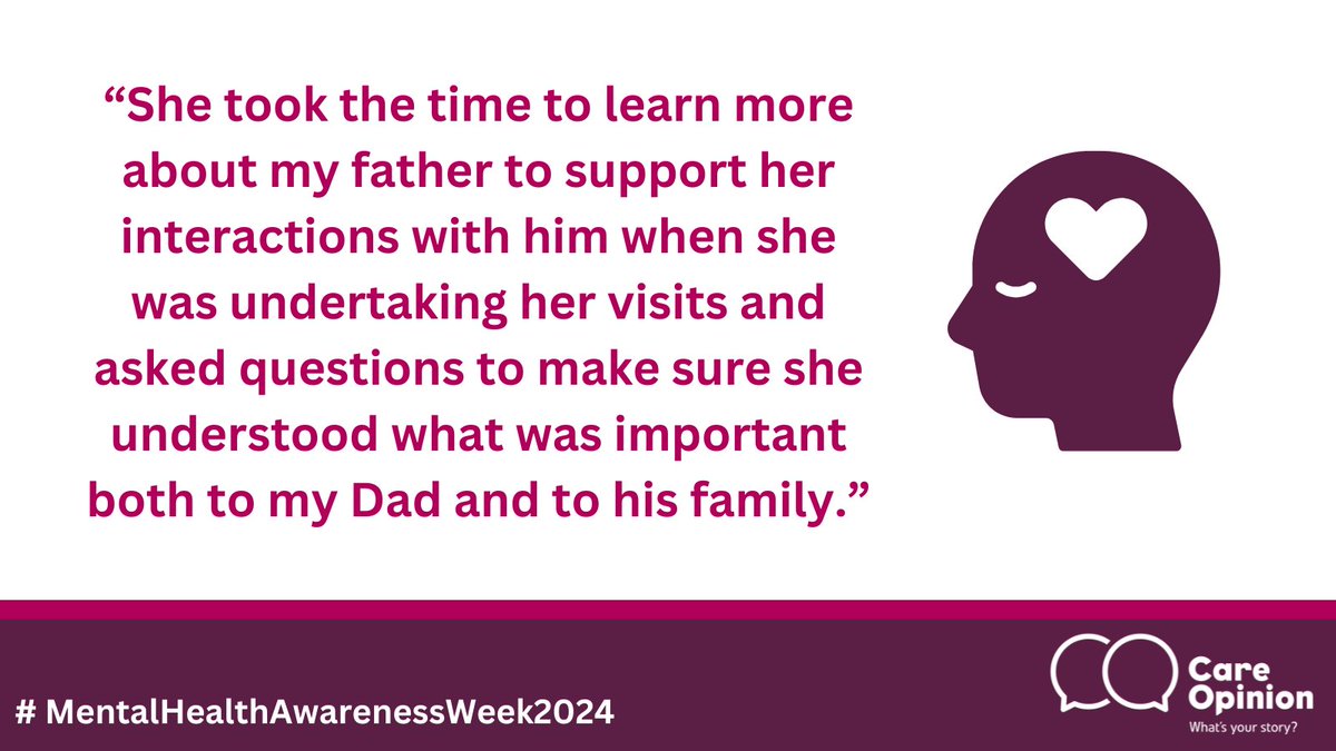 As part of #MentalHealthAwareness Week, today's story is from a relative, noting the remarkable positive change in their Dad's mental health since Kerryanne got involved in his care. @NHSForthValley Read more👇 careopinion.org.uk/1194212