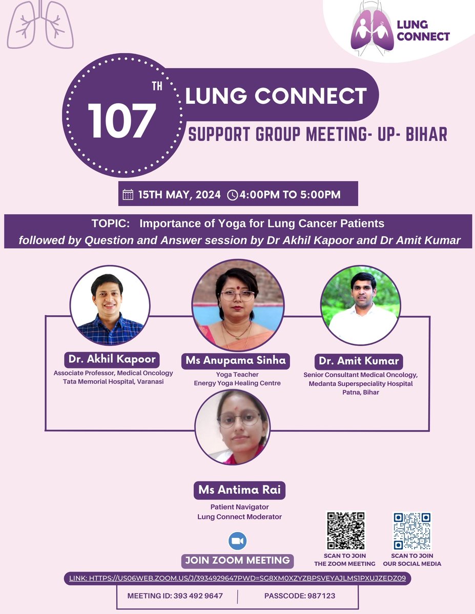 Lung Connect invites you to join our 107th Support Group Meeting - UP-Bihar Chapter. 

#supportgroup #meeting #patientcare #lungconnect #CloseTheCareGap #cancertreatment #caresupport #cancerawareness #cancersurvivor #cancersupportcommunity #yogapractice

@VanitaNoronha