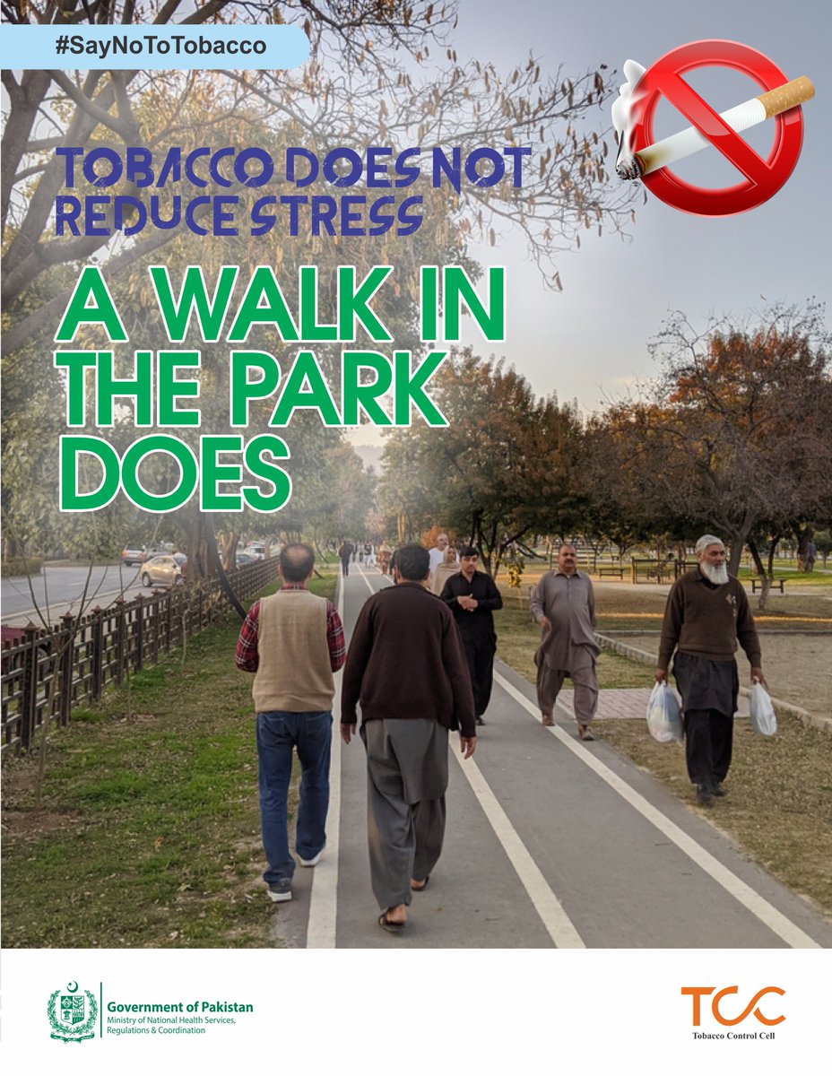 'Stay away from Tobacco, stay in the park and do walk.'

@khashmi76 @ahmadmu10 @sania_akhan @SairaKnwl @Apandey_07 @nhsrcofficial @WHOPakistan @WHOEMRO @FCTCofficial @VitalStrat @minhalhdr3

#tobaccocontrol #tobaccocontrolcell #SayNoToTobacco #saynotosmoking #SayNoToDrugs
