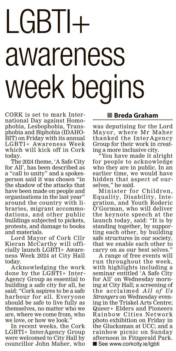 Minister Roderic O'Gorman will give the keynote speech this evening to launch LGBTI+ Awareness Week at City Hall this evening from 4.30pm.