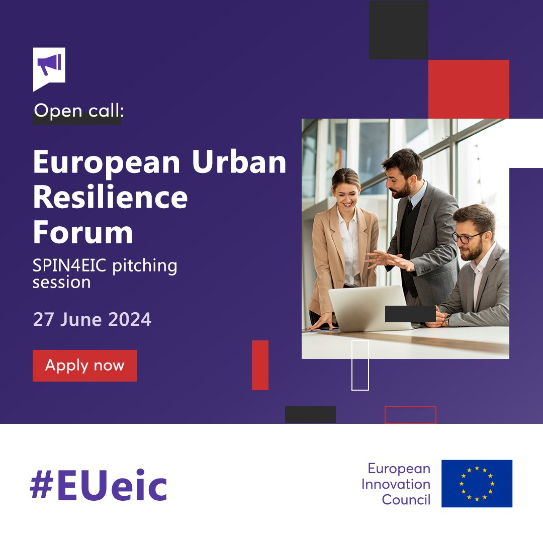 Do you have #innovations in green solutions? 🌿 Want to pitch your ideas during the European Urban Resilience Forum? 🚀 Apply by 23 May to be a part of the #EUeic's pitching session! More on this SPIN4EIC initiative 👉 bit.ly/4dC3suI @Urb_Resilience #EURESFO24