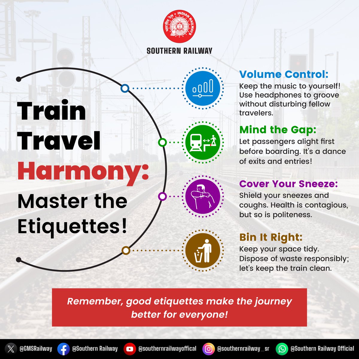 Promote a Pleasant Train Journey with These Essential Etiquettes! 🚆✨ Respectful travel tips for a smoother ride. #SouthernRailway #TravelAdvice #TrainManners