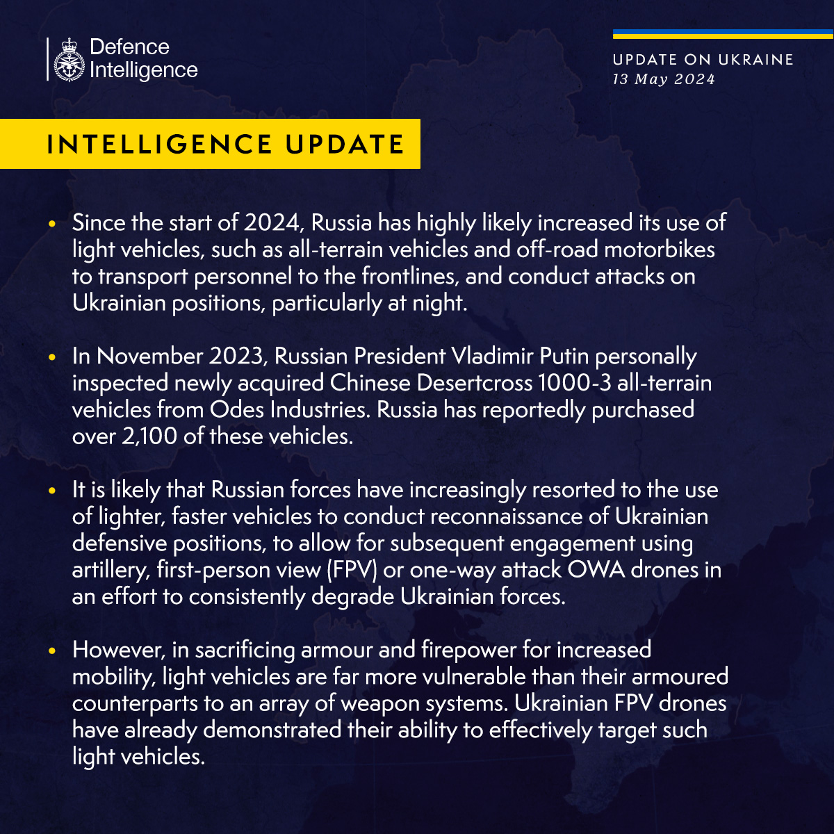 Latest Defence Intelligence update on the situation in Ukraine – 13 May 2024. Find out more about Defence Intelligence's use of language: ow.ly/O3n650RCJmZ #StandWithUkraine 🇺🇦