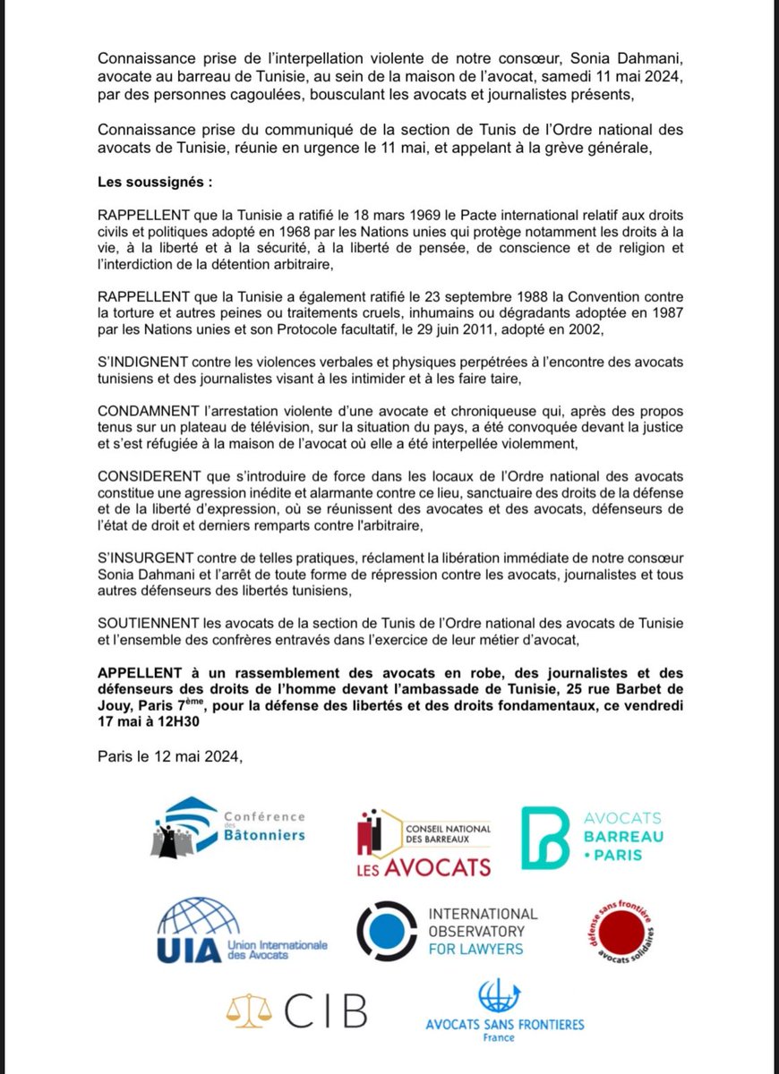 🇹🇳#TUNISIE : Résolution conjointe condamnant la détention arbitraire de Sonia Dahmani et réclamant sa libération immédiate et l’arrêt de toute forme de répression contre les avocats, journalistes et tous autres défenseurs des libertés tunisiens.

t.ly/kevjl