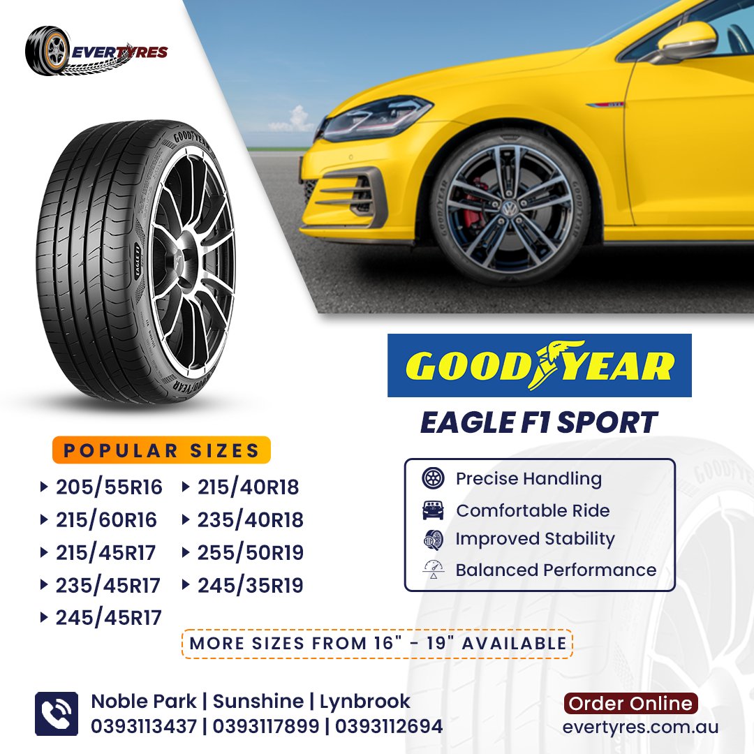 Experience the thrill with Goodyear Eagle F1 Sport. Get brand new tyres fromEvertyres at a discount. Why us? 👉 Lower Price Guarantee | Customer Trust | Free Metro Delivery (VIC Metro Areas) | Fast & Secure Shipping | Exclusive Offer #goodyeartyres #tyreshop #melbourne