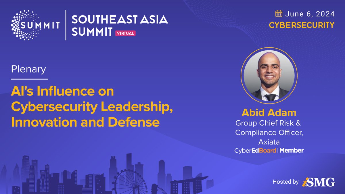 Join us for the plenary session on Day 1 of the Southeast Asia Summit (Virtual) with Abid Adam, Group Chief Risk & Compliance Officer, @axiata.

Express Interest Now: ismg.events/summit/southea…

#ISMGConference #ISMGSummits #CIOinc #SEASummit2024