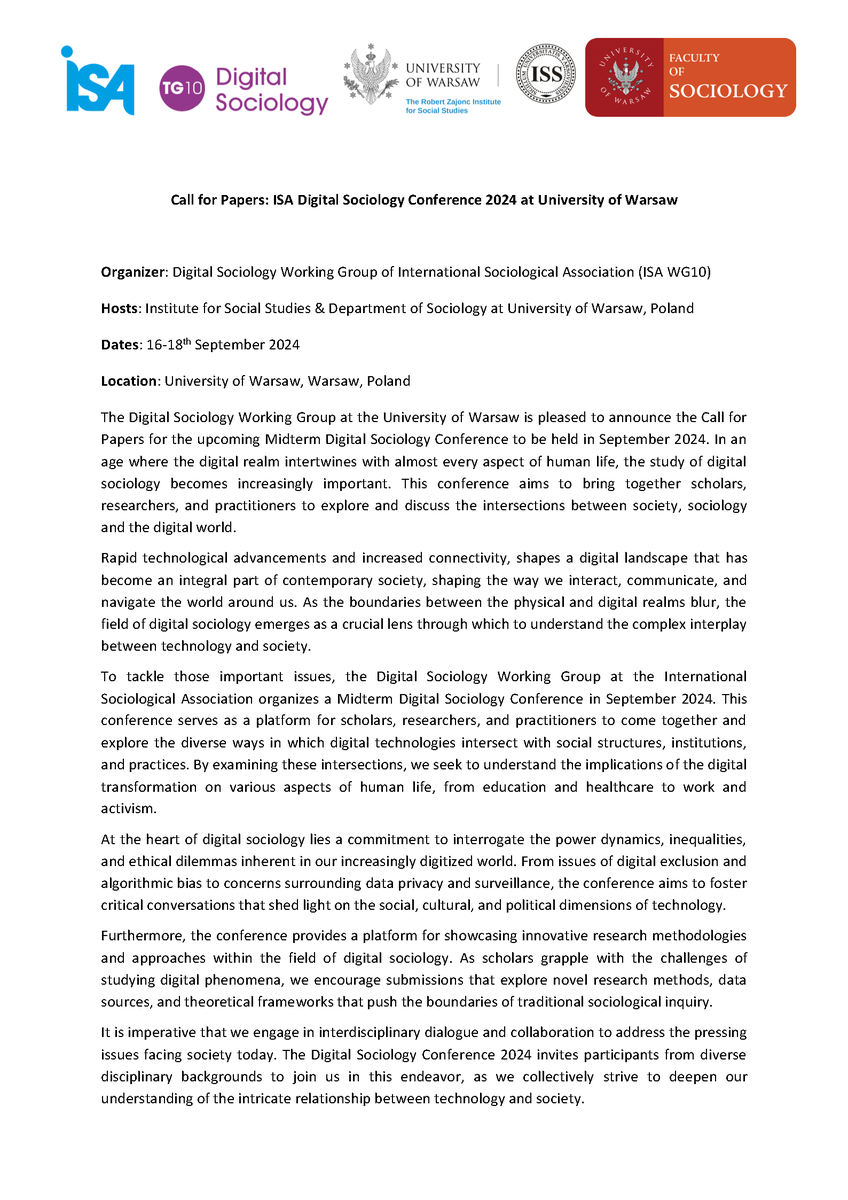 WG10DigiSoc's tweet photo. Happy to announce our first @isa_sociology  @WG10DigiSoc Mid-Term Conference on Digital Sociology, to be held in Warsaw on 16-18 September 2024, chaired by @OchRenata, Anna Domaradzka, and @davidduenascid https://t.co/QO8nInpnFF