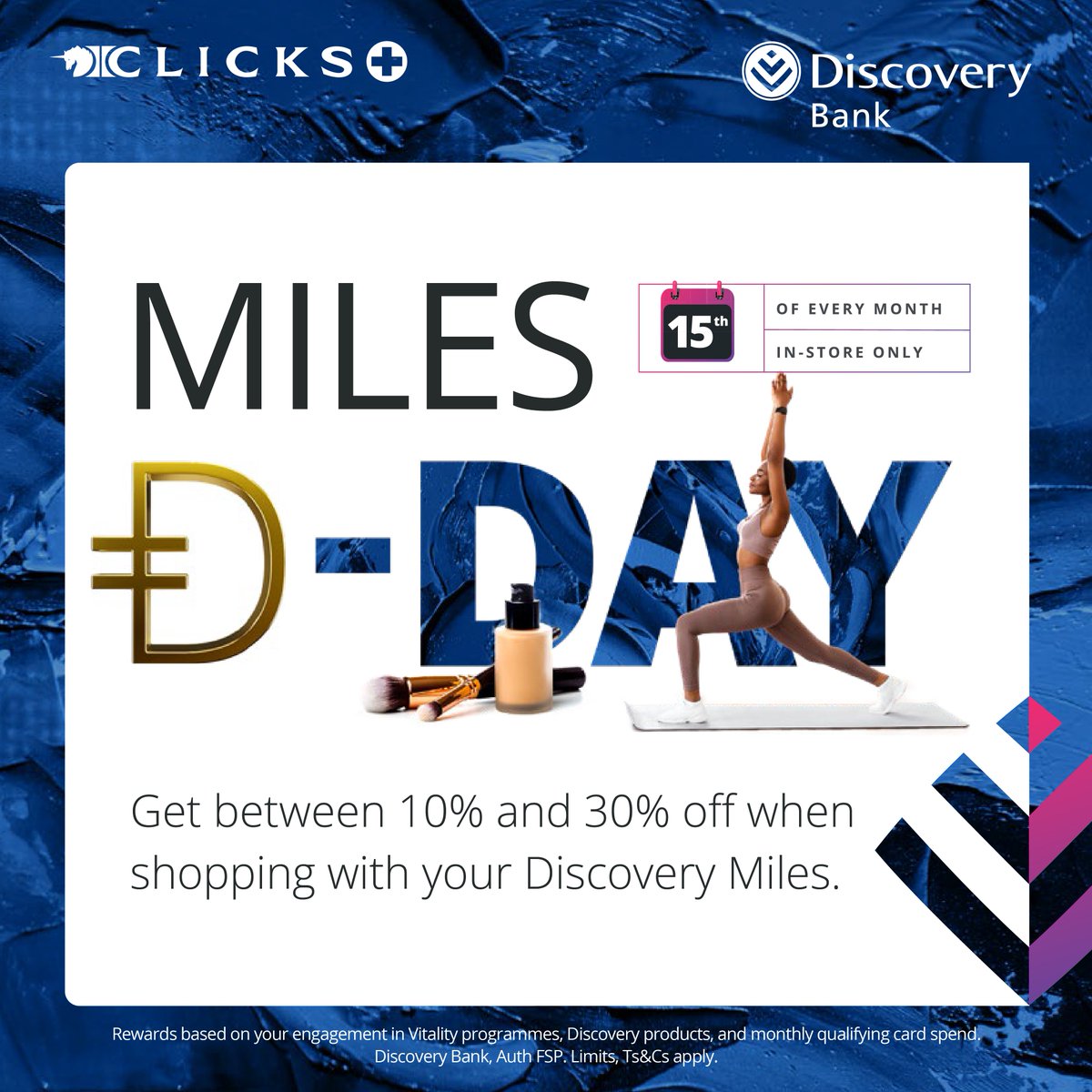 2 days until its Miles D-day at Clicks! You get to DOUBLE your Discovery Miles discount in store for 24hours only! Shop at your favourite Clicks store on 15 May 2024 to get up to 30% OFF. Ts & Cs apply. #MilesDDay #MoreRewards