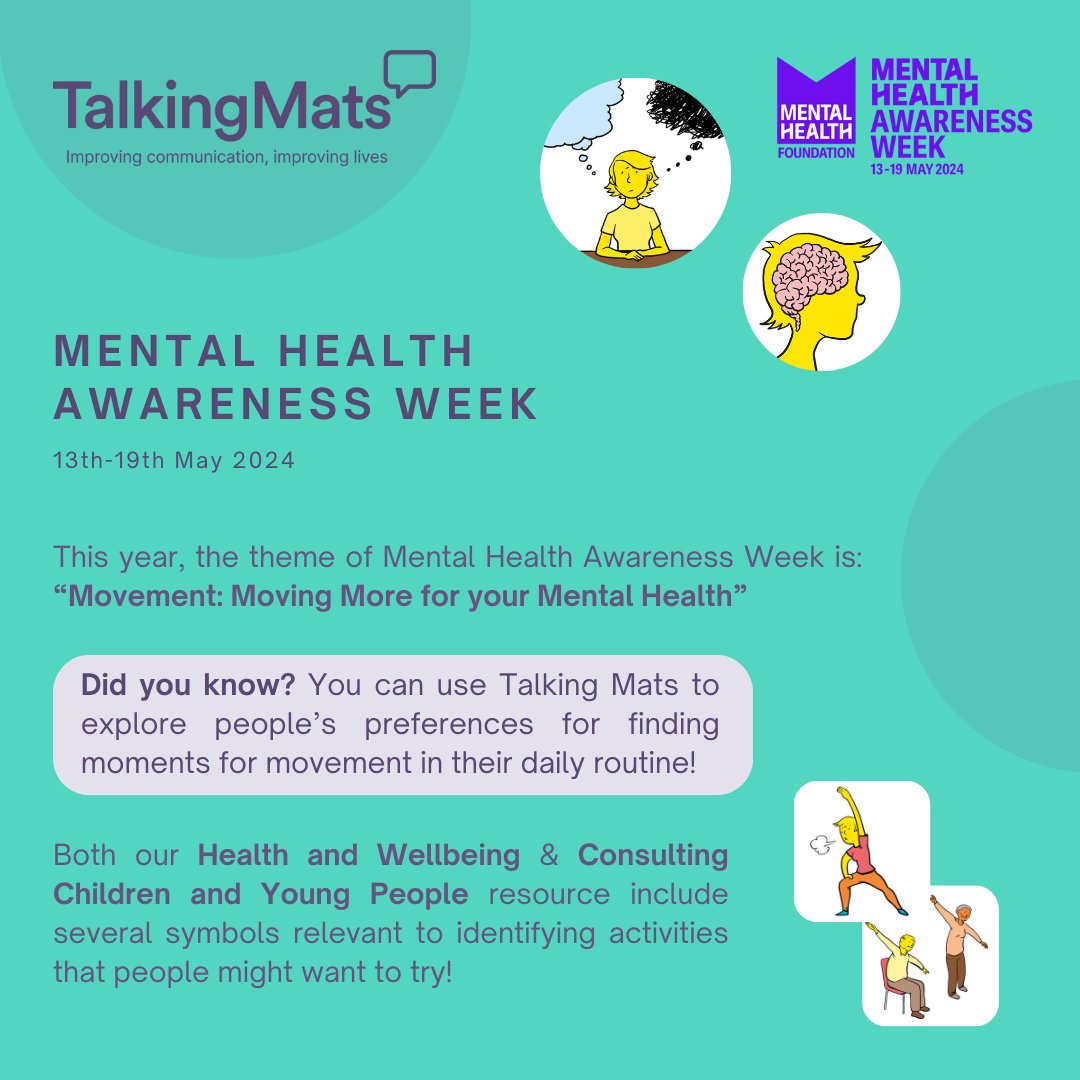 We’re proud to support #MentalHealthAwarenessWeek here at #TalkingMats. This year’s theme is Movement: Moving More for your Mental Health.” For more info about our Health & Wellbeing & Consulting C&YP resources visit our website👉talkingmats.com/shop/#tab-Reso…