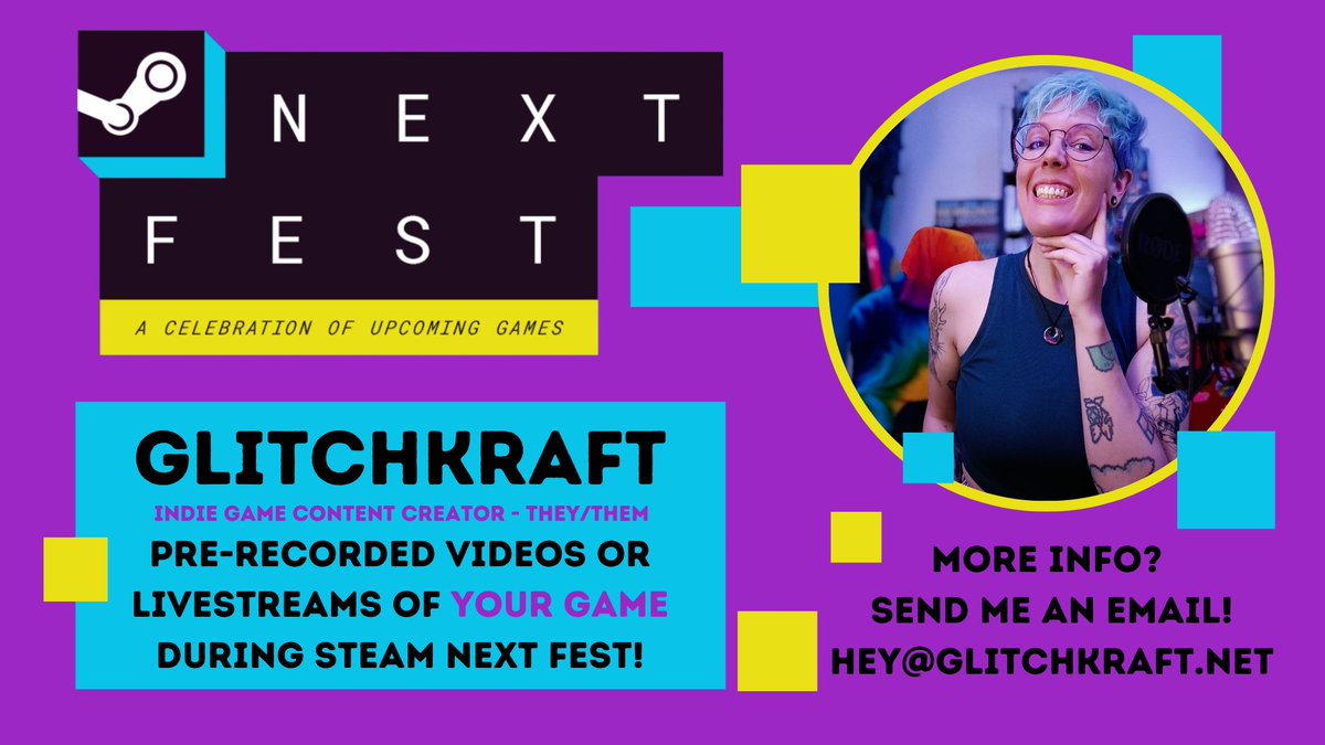 Hi #IndieGameDev ! 👋 Steam Next Fest is upon us in only a few weeks! 😱Not have your games VOD sorted out? Well, I make those and would love to work with you for your new game/demo/update, so you can ✨shine ✨ during #SteamNextFest Get in touch: hey@glitchkraft.net 👀🙌 👇