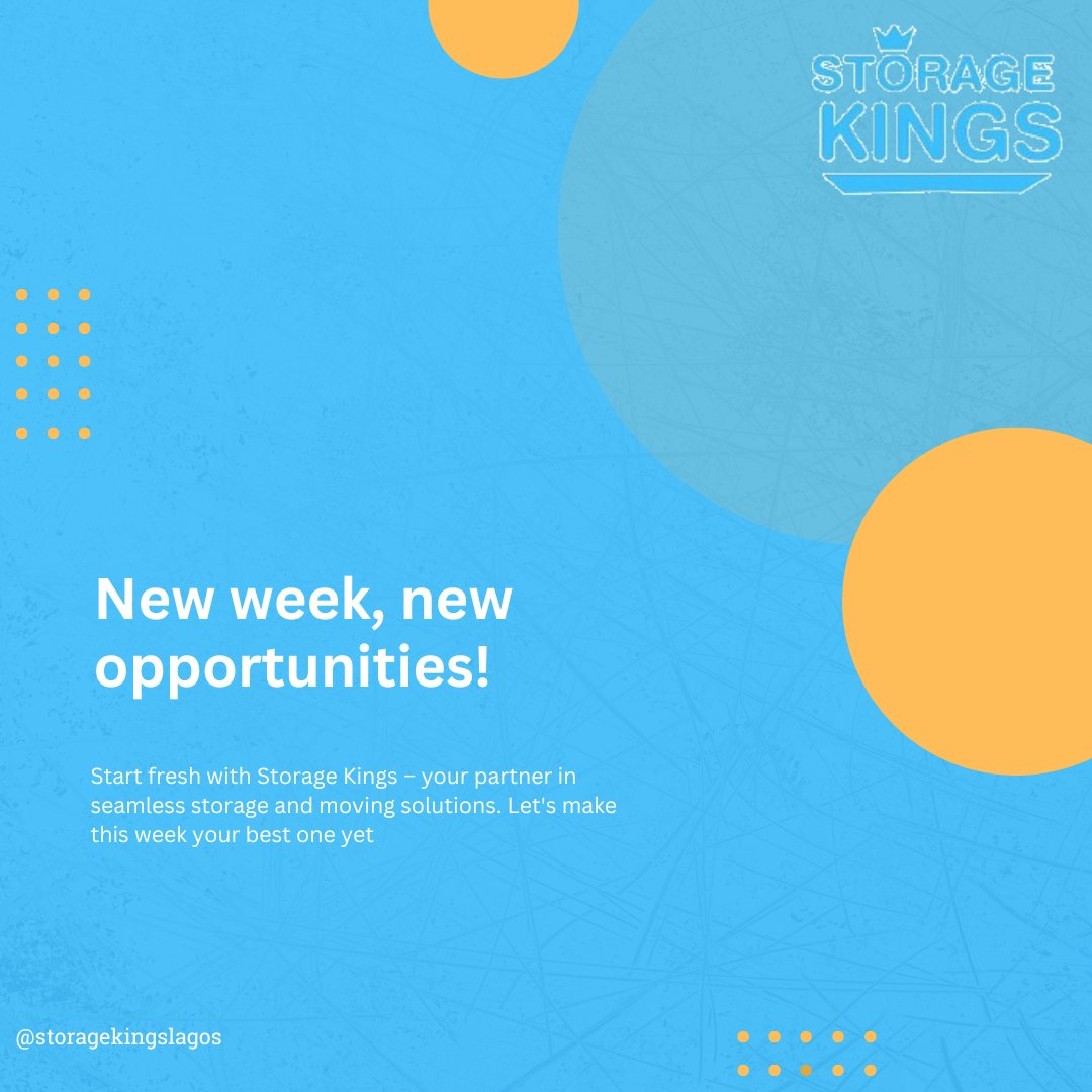 KingsLagos's tweet image. Wishing our amazing customers a happy new week! Whether storing or moving, we're here to make your week stress-free. Let's kick off with seamless solutions tailored for you. Here's to smooth transitions and organized spaces #StorageKings  #Storage #Moving #storagesolutions