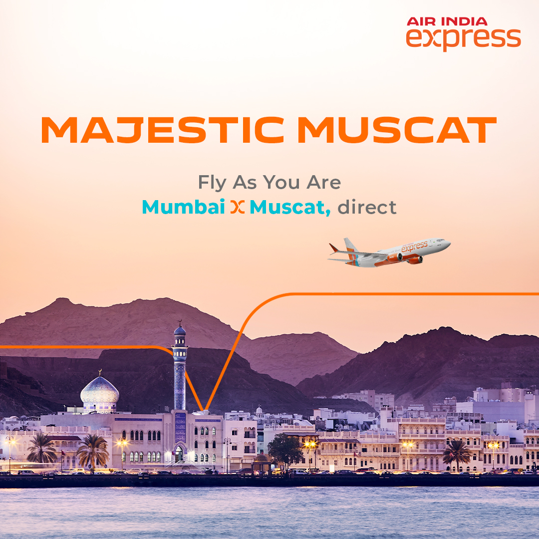 #FlyAsYouAre, from the bustling streets of Mumbai to the majestic shores of Muscat, with Gourmair hot meals, plush comfy seats and a host of loyalty benefits. Log in to make the most of #FastBookings, #FabDeals and #FantasticValue, only on airindiaexpress.com