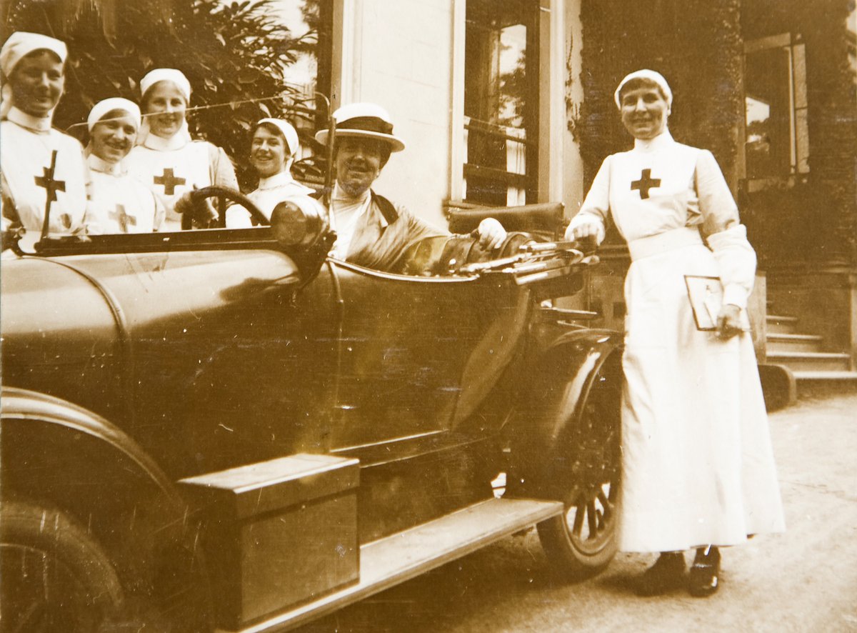 CLCArchive's tweet image. Pictured is Principal Miss Faithfull in a car with St Martin's Hospital nurses in 1916. She was a keen motorist and one of the first women in Cheltenham to have her own car. St Martin's was a boarding house that was turned into a @BritishRedCross hospital for #WW1. #RedCrossWeek