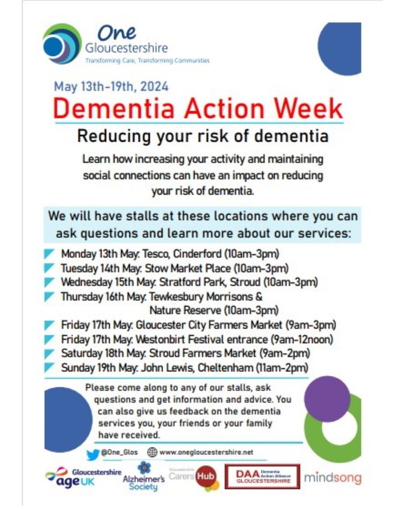 This years #DementiaActionWeek focuses on 'Reducing your Risk of Dementia.' Find us at these info hubs across the county. For more helpful info about living well with dementia, see our booklet: ageuk.org.uk/bp-assets/glob…. Note:we're NOT in Cinderford today or John Lewis on Sun.