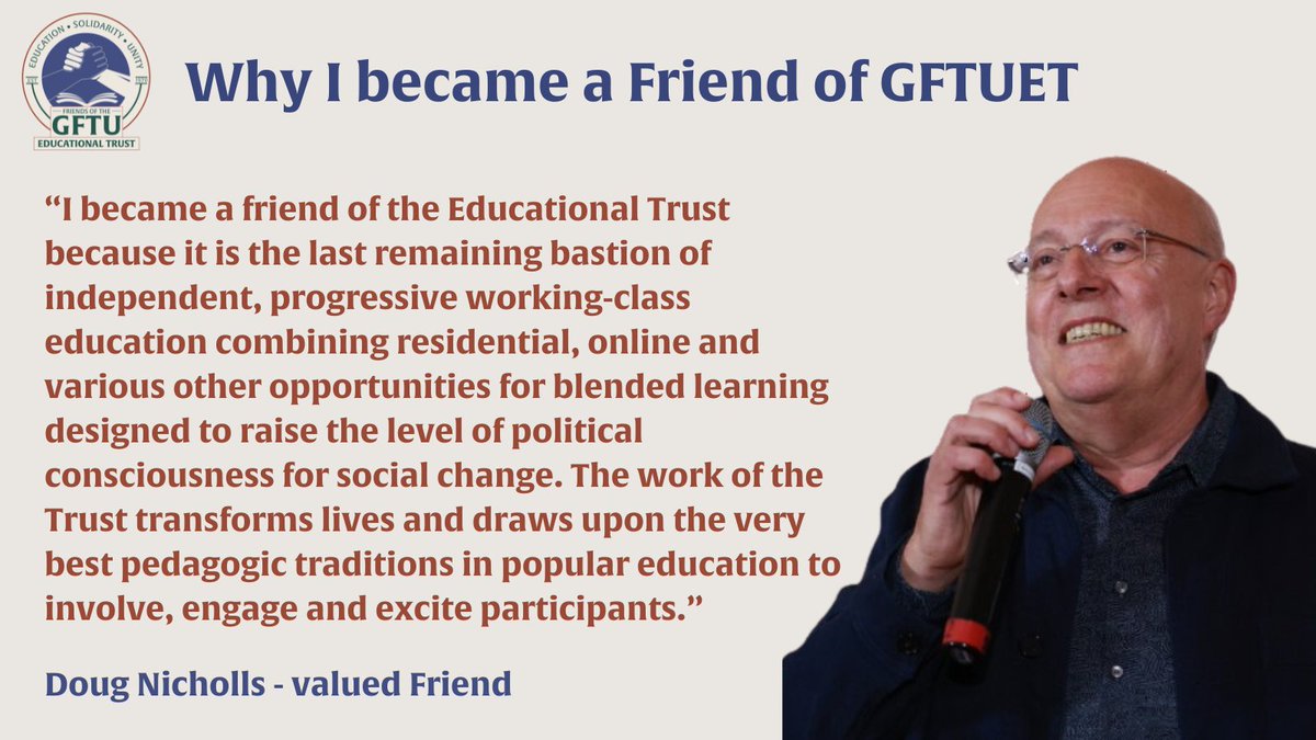 “The work of the Trust transforms lives and draws upon the very best pedagogic traditions in popular education to involve, engage and excite participants.” 

🙏Join the movement, ⭐️transform lives with Friends of GFTUET - gftuet.org.uk/friends 
 
#GFTUET #FriendsofET