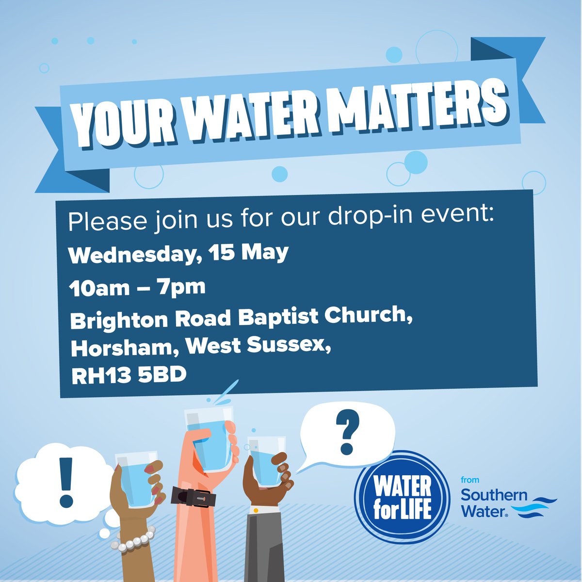 We’re inviting residents in Horsham to join us for our next Your Water Matters event this Wednesday💧 Taking place at Brighton Road Baptist Church, Horsham, RH13 5BD, between 10 am – 7 pm. Find more information here👉 ow.ly/jn5H50RE4gy