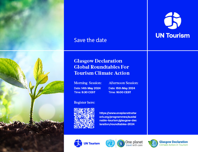 The second Glasgow Declaration Global Roundtable for Tourism Climate Action will be taking place tomorrow (14th) and 15th of May 2024.

Register/participate here:
 14th May -  unwto-org.zoom.us/meeting/regist…

15th May - unwto-org.zoom.us/meeting/regist…

#sustainabletourism #Glasgow #climateaction