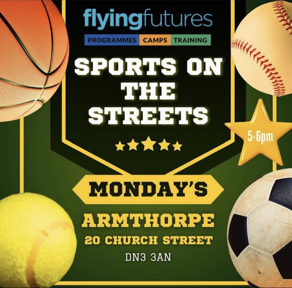 TONIGHT🙌 FREE sports clubs, no need to book, just turn up. Starting on Monday in Armthorpe, 20 Church Street, DN3 3AN (Green space behind community centre) Mondays: 5:00-6:00pm #flyingfutures #sports #sportsonthestreets #free #youthwork #armthorpe