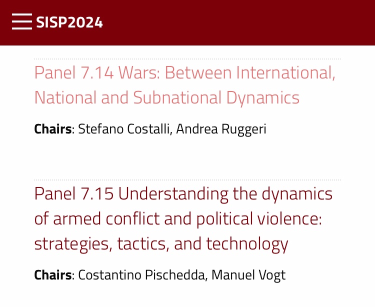 The annual @sisp__ conference will be in Trieste this year (September 2024). For people working on political violence/conflict/war two panels: One I co-organize with S. Costalli and another by two amazing colleagues, Costa Pischedda & Manuel Vogt. sisp.it/convegno2024/?…